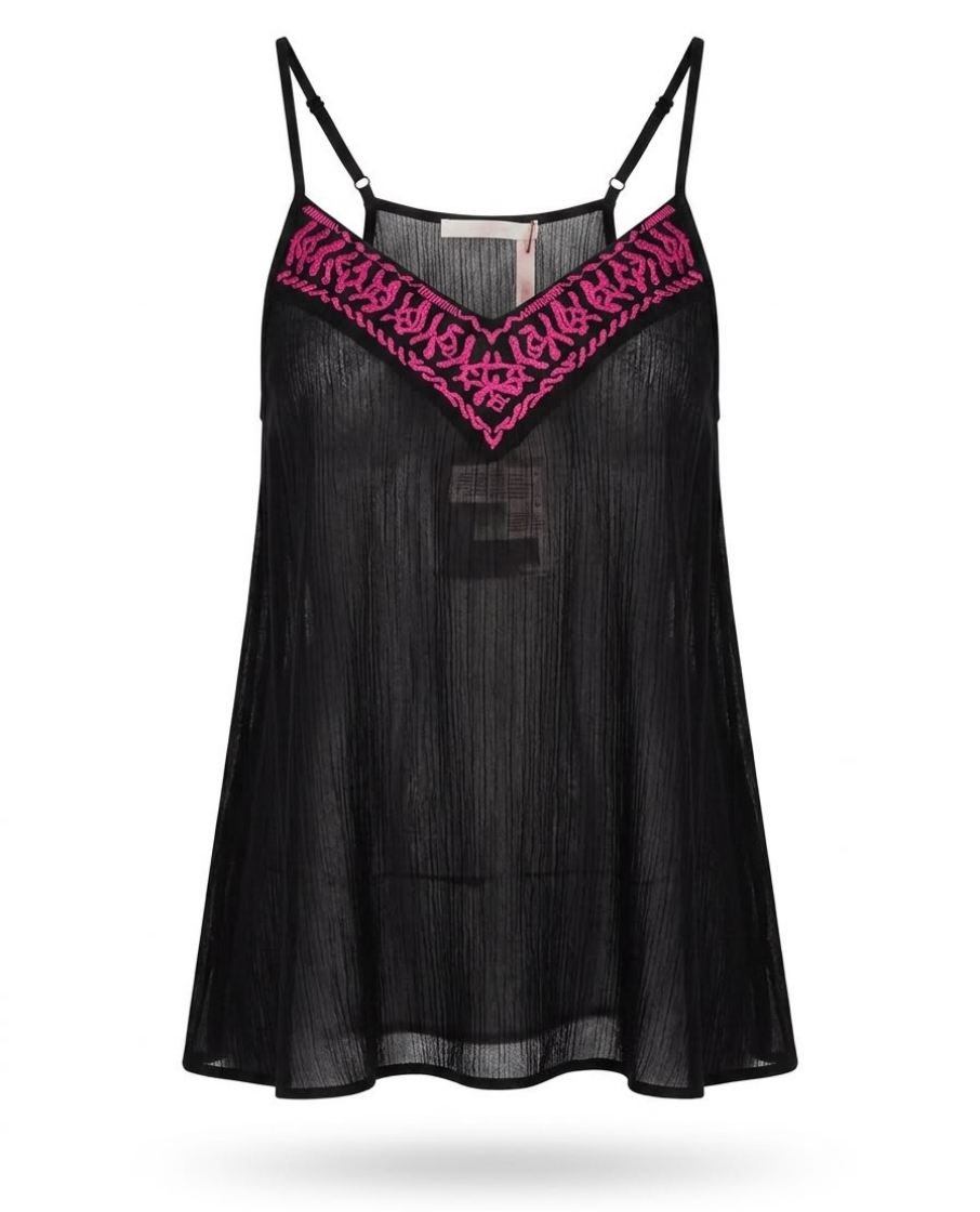 black pleated Blouse embroidered V-neckline delicate straps