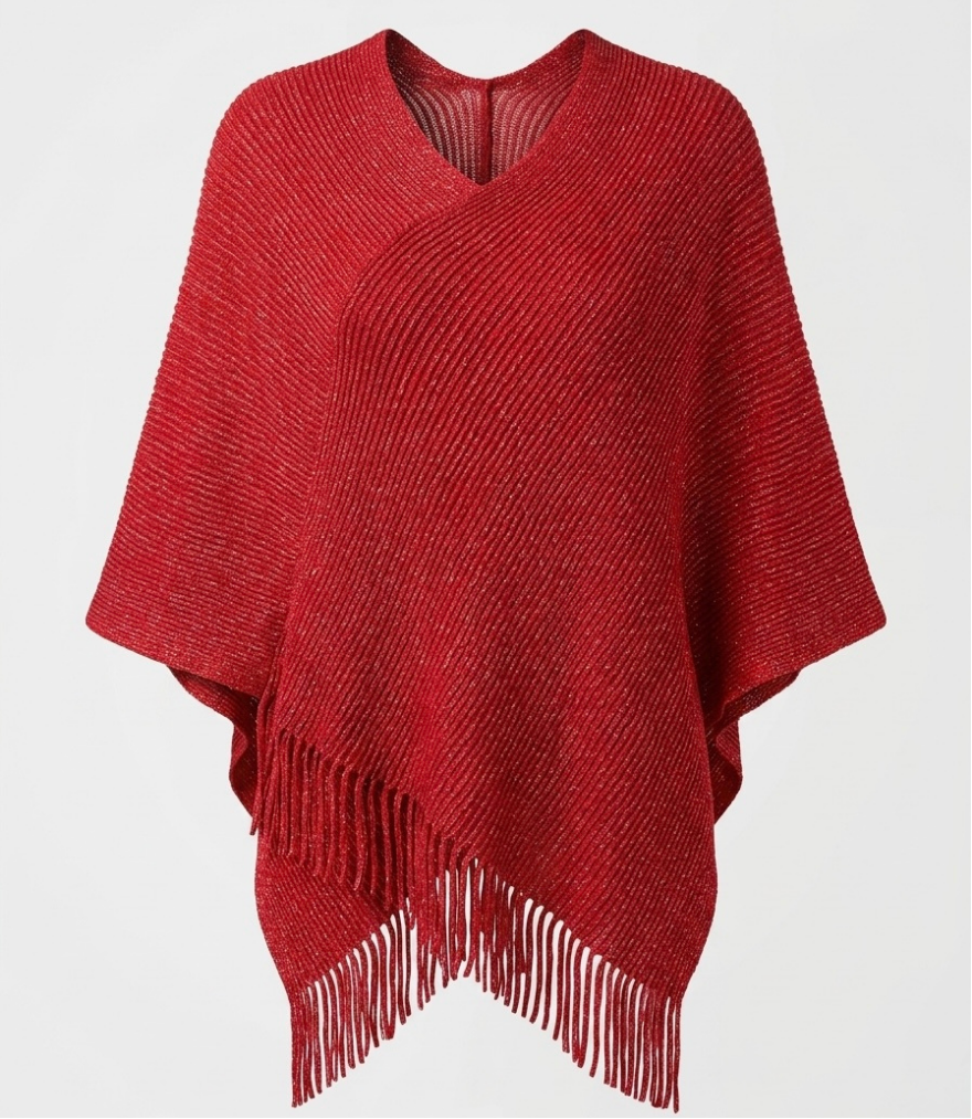V-neck knitted poncho sweater with golden lustre