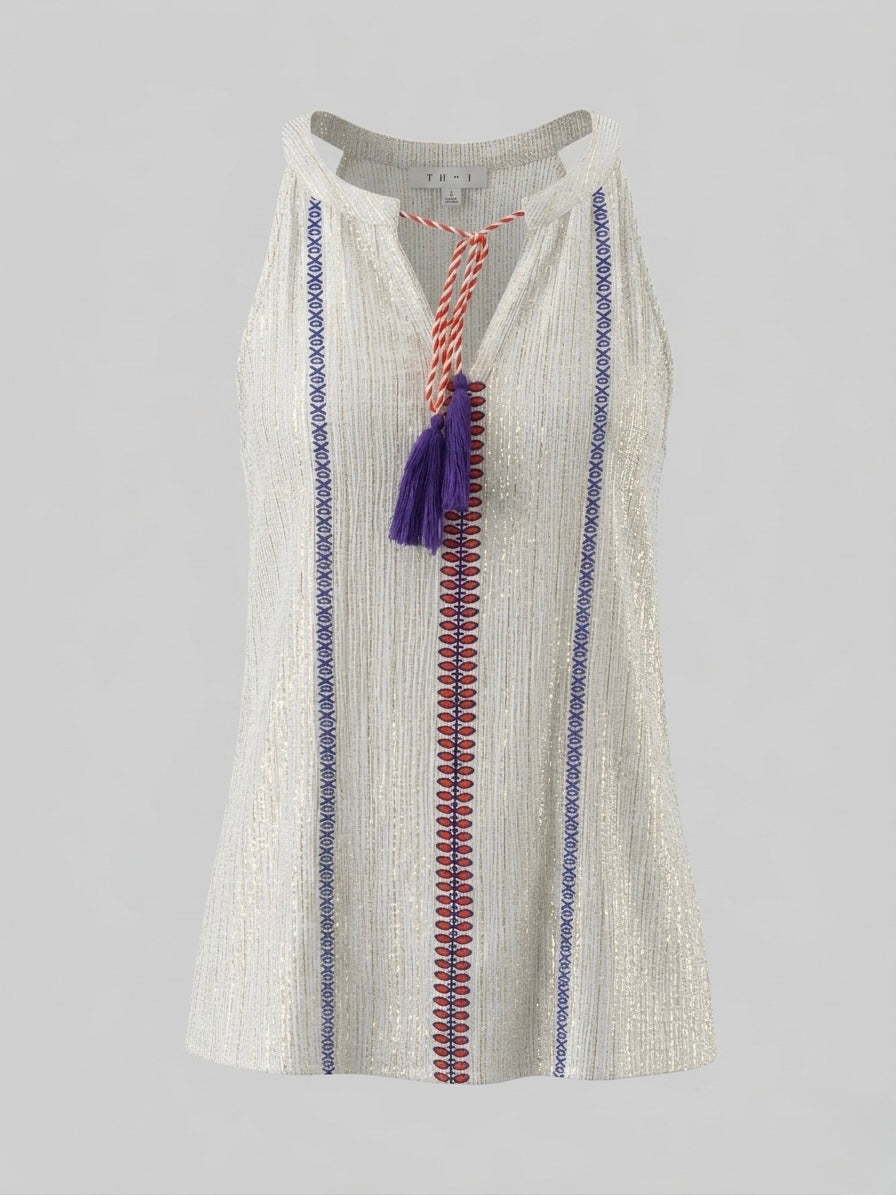 Sleeveless blouse metalic-threaded with a V-neckline