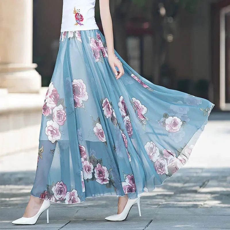 High Waist Women Summer Autumn Chiffon Skirts Elastic Waist Midi Full Long Skirt Print A-Line Mother Dance Swing Skirt DURIKIES