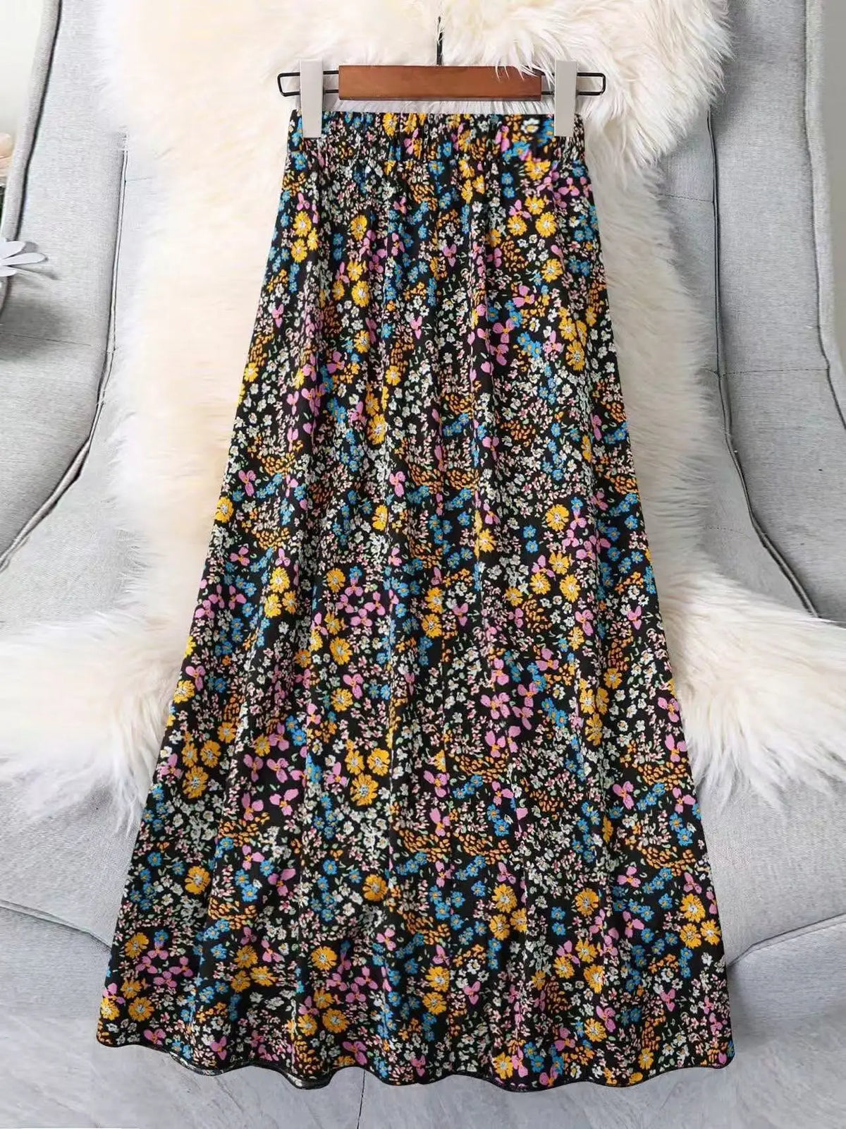 Elegant Casual Floral Print Half Skirt High Waist Hip Concealing Midi A-Line Long Dress Versatile for All Occasions