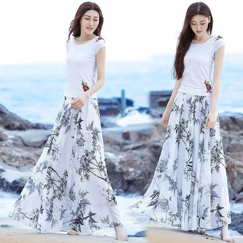 High Waist Women Summer Autumn Chiffon Skirts Elastic Waist Midi Full Long Skirt Print A-Line Mother Dance Swing Skirt DURIKIES