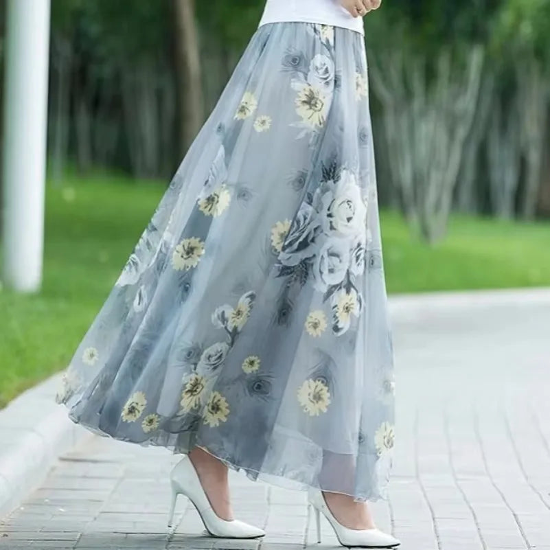 High Waist Women Summer Autumn Chiffon Skirts Elastic Waist Midi Full Long Skirt Print A-Line Mother Dance Swing Skirt DURIKIES