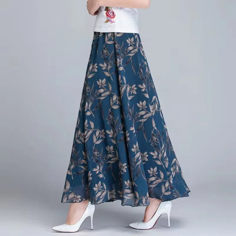 High Waist Women Summer Autumn Chiffon Skirts Elastic Waist Midi Full Long Skirt Print A-Line Mother Dance Swing Skirt DURIKIES