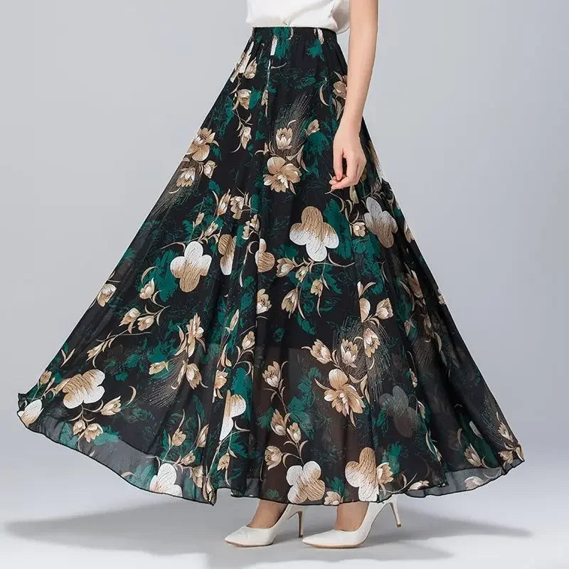 High Waist Women Summer Autumn Chiffon Skirts Elastic Waist Midi Full Long Skirt Print A-Line Mother Dance Swing Skirt DURIKIES