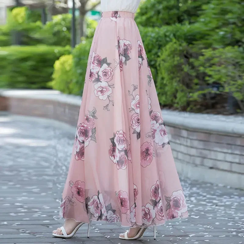 High Waist Women Summer Autumn Chiffon Skirts Elastic Waist Midi Full Long Skirt Print A-Line Mother Dance Swing Skirt DURIKIES