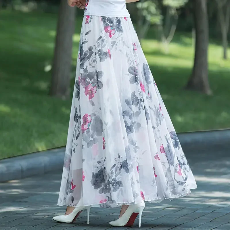 High Waist Women Summer Autumn Chiffon Skirts Elastic Waist Midi Full Long Skirt Print A-Line Mother Dance Swing Skirt DURIKIES