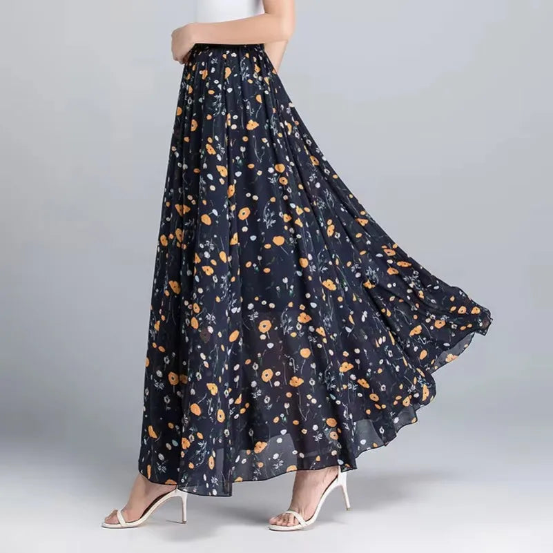 High Waist Women Summer Autumn Chiffon Skirts Elastic Waist Midi Full Long Skirt Print A-Line Mother Dance Swing Skirt DURIKIES